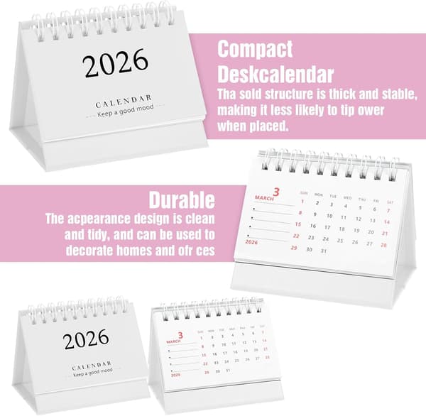 2026 Skrivbordskalender, Liten Skrivbordskalender, Mini Vertikal Blädderkalender Vit
