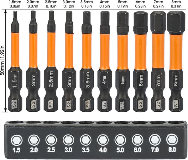 10-delt unbrakonøglebitsæt – unbrakonøgleborebitsæt, 1/4-tommer sekskantet skaft magnetiske slagdriverbits, metriske unbrakonøglebits (H1.5–H8)
