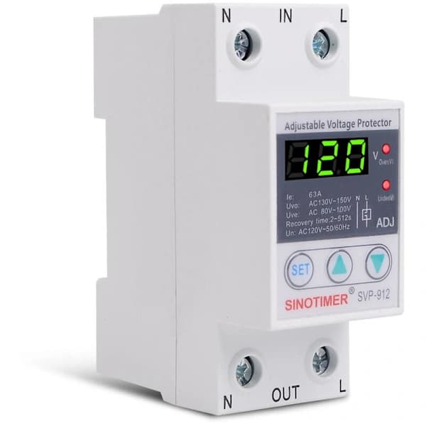 Spänningsskyddsrelä – 230V Justerbart Överspänningsskydd med Voltmeter (SVP 912, 63A)