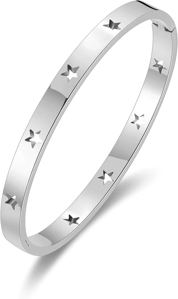 Minimalistisk sølvarmring for kvinner – Åpent stjerneformet armbånd i rustfritt stål med sikkerhetslås