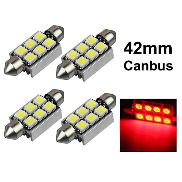 41mm/42mm Röda Canbus LED 5050SMD-lampor, 4-pack, C5W SV8.5, Röd
