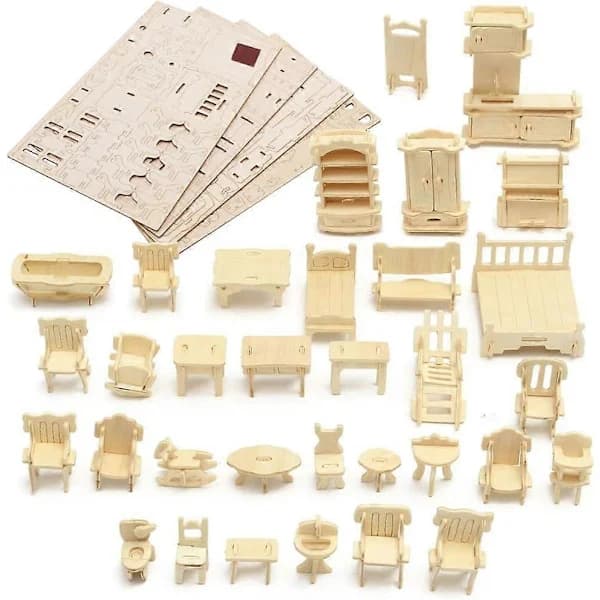 3D Miniatyr Møbelsett Tre Dukkehus Møbelpuslespill DIY Husrom Mini Møbelpuslespill Gave til Barn