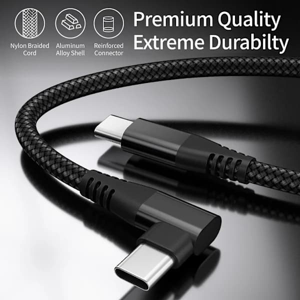 USB-C-laddare med rätvinklig kontakt, stöder 60W PD snabbladdning, svart, 2 meter kabellängd.