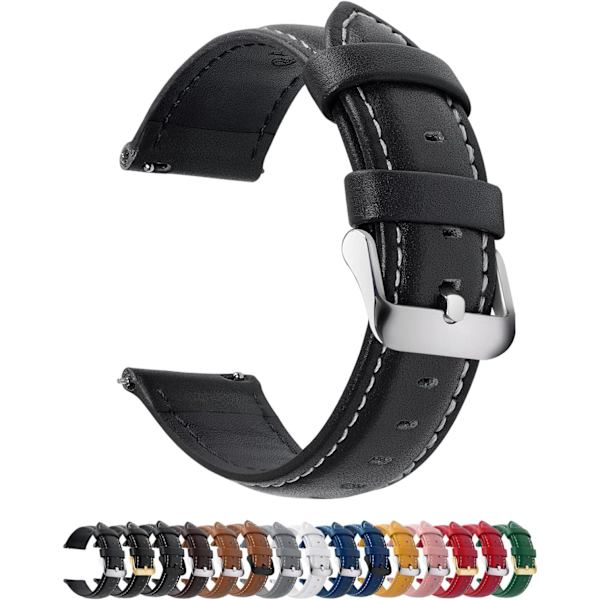 Urrem, ægte læderrem, spænde i rustfrit stål, quick-release rem, 22 mm sort.