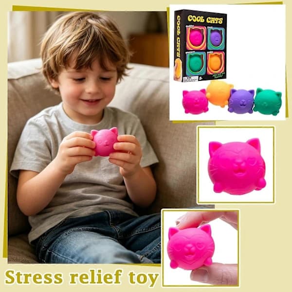 Cool Cats Squishy, 4-pakning sukkerballdesign, angstlindrende klemmeleke for sensorisk lek