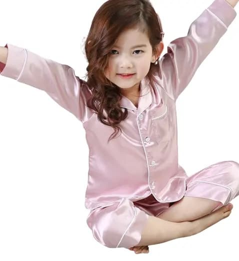 Langermet satengpyjamasett med knapper for barn - Nattøy og koseklær, rosa, 130 cm
