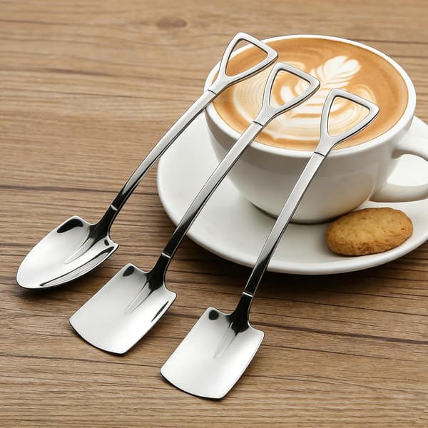 Kaffeskeer i rustfrit stål, 4-delt spatelformet dessertske og teske sæt