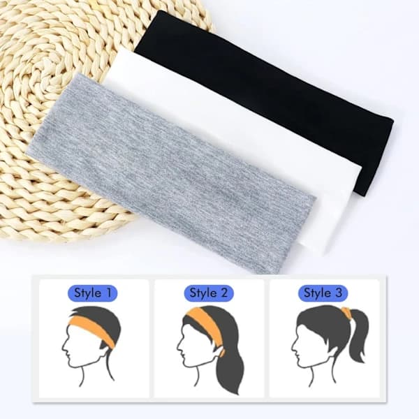 Pannband, 3-pack, unisex, andas och svettabsorberande (svart, grå, vit)