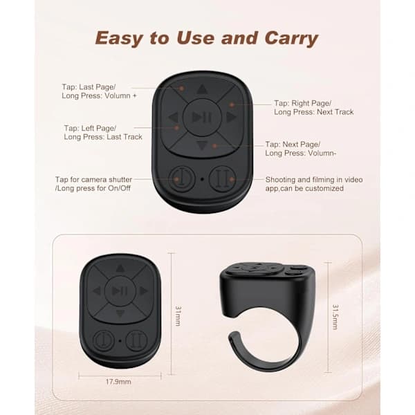 Bluetooth TikTok Ring Fjernkontroll, Kamera, Video og Musikkontroller for iPhone og Android-systemer, Rosa