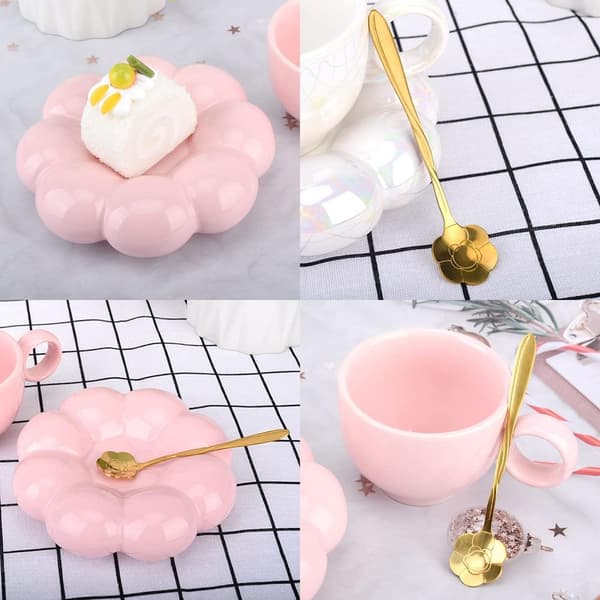 Keramisk kaffekopp, skyformet kaffekopp og skålsett (rosa).