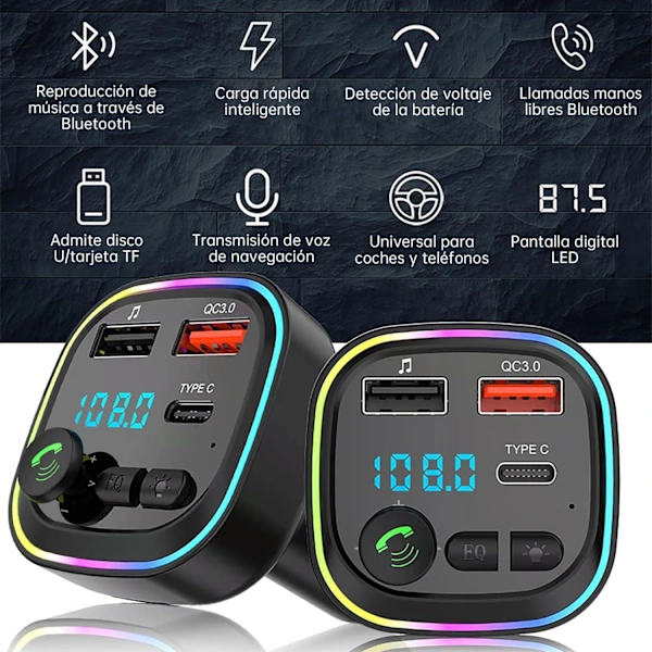 Bluetooth 5.3 FM-sändare, handsfree biladapter, QC3.0 snabbladdning, trådlös Bluetooth MP3-spelare, stöder samtal.