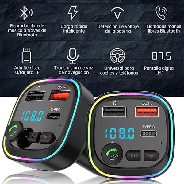 Bluetooth 5.3 FM-sender, håndfri biladapter, QC3.0 hurtiglading, trådløs Bluetooth MP3-spiller, støtter samtaler.