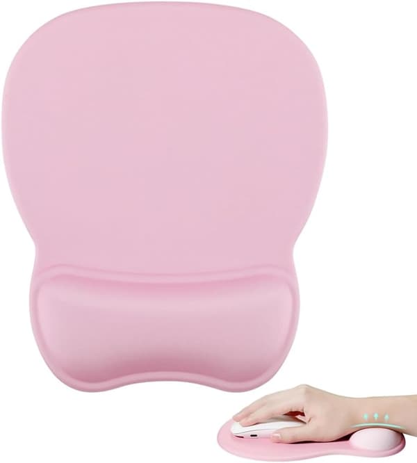 Musemåtte med håndledsstøtte i memoryskum, skridsikker gummibase, ergonomisk gelmusemåtte (pink).