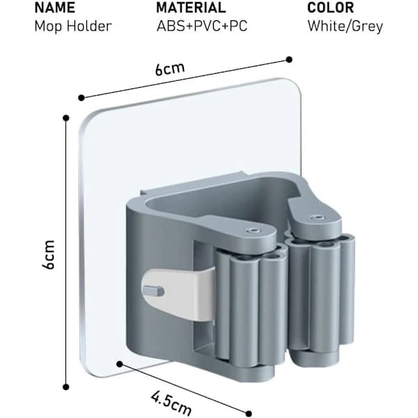 Kost- og moppeholder 4-pak, vægmonteret, selvklæbende, ingen boring
