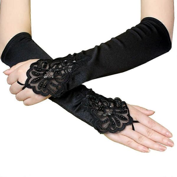 Sorte lange handsker, 1920'er tilbehør, fingerløse handsker i Jazz Age-stil.