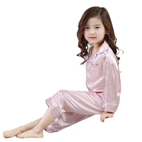 Langermet satengpyjamasett med knapper for barn - Nattøy og koseklær, rosa, 130 cm