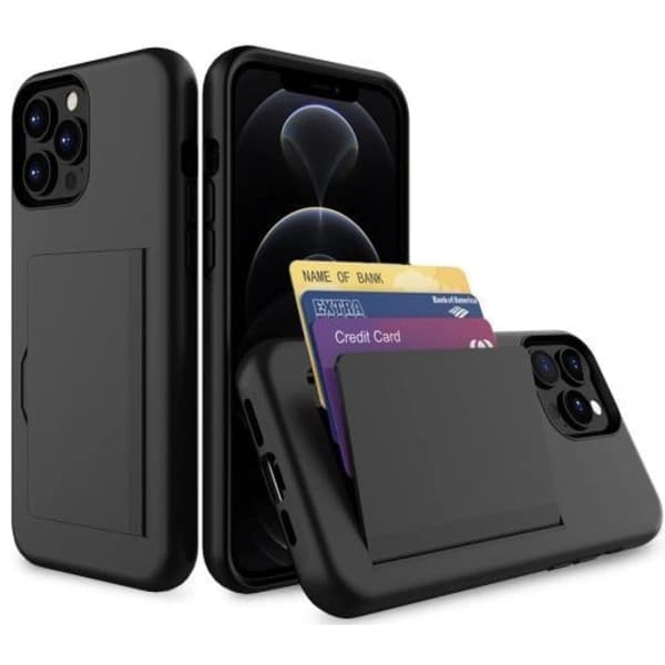 iPhone 12 puhelinkotelo SIM-korttipaikalla, musta suojakotelo.