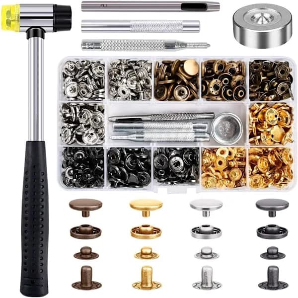 120 sæt knaplukninger til læder 12 mm metalknapper trykknapper med 4 installationsværktøjer, 1 hammer