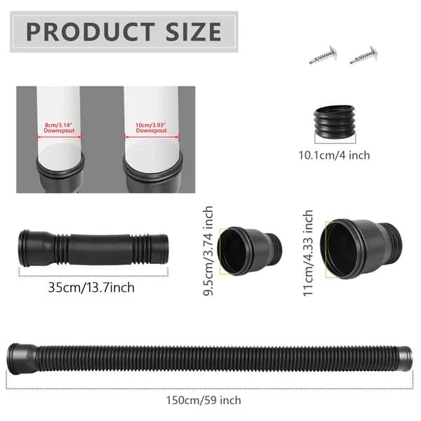 2-pakning fleksibel nedløpsrørforlenger - utvidbart PE-avløpsrør for runde takrenner, utendørs vanndrenering (svart)