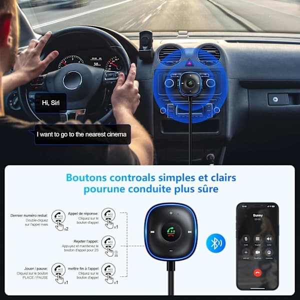 Bluetooth 5.3 biladapter, plug and play, innebygd støydempende mikrofon, Bluetooth-mottaker med 3,5 mm jack og RCA-kabel.