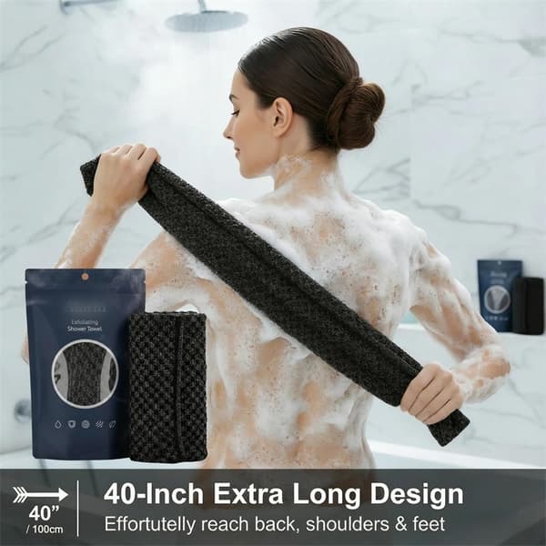 Ekstra langt badehåndklæde i polyester 100 cm, tekstureret badesvamp til daglig rensning, blød og holdbar vaskeklud black 1pcs