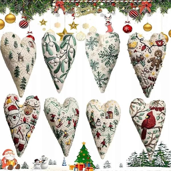 DIY Hjertebroderi Julepynt, Julehjerte Broderisæt 8-dele DIY