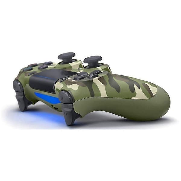 Et sæt med 4 trådløse controllere til PlayStation 4, i grøn camouflage, til PS4-konsollen.