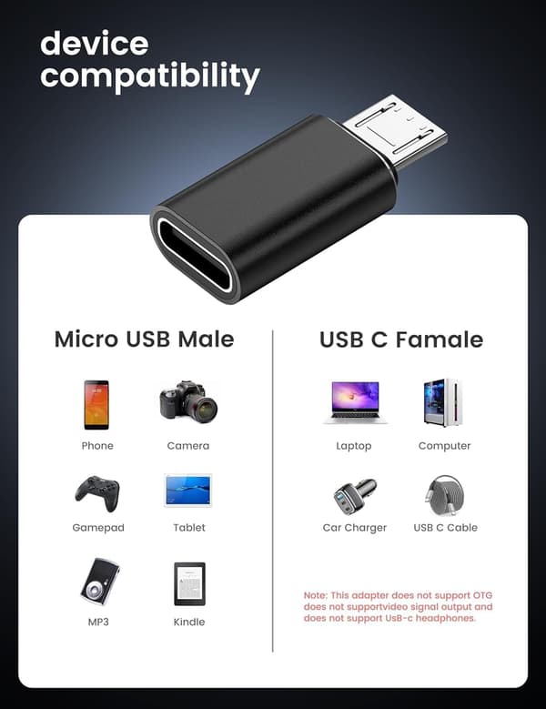 2-pakning USB-C til Micro USB-adaptere – USB-C hunn til Micro USB hann-omformere – USB-C til Micro USB-adaptere for telefoner og enheter