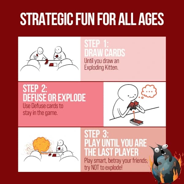 Exploding Kittens Original, hauska perhekorttipeli, ikäsuositus 7+, 2-5 pelaajaa, 56 korttia, 15 minuutin peli