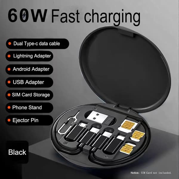 Multifunktionell datakabelförvaringslåda och adapter – kompatibel med iOS-, USB-C- och Micro-USB-enheter – universell dataöverföringskabel (svart)