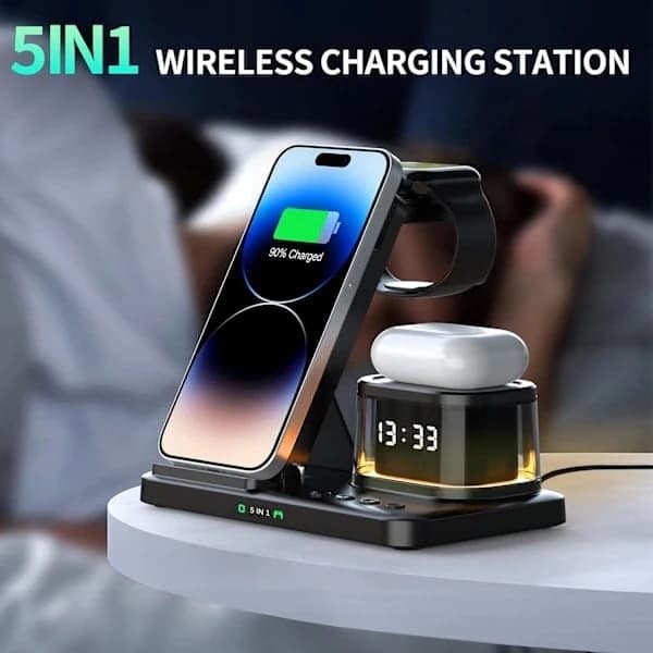 5-in-1 langaton latausasema LED-valolla, iPhonen matkalatausteline, musta