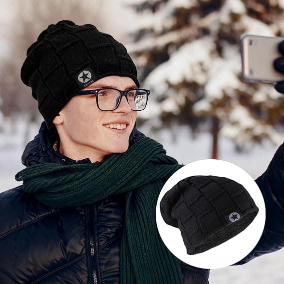 Vinterstickad mössa, unisex vintermössa, varm fleecefodrad mössa utan brätte (svart).
