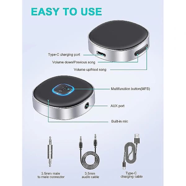 Bluetooth-modtager 5.0 Mini AUX Bluetooth Biladapter til Musikstreaming med Op til 12 Timers Afspilning