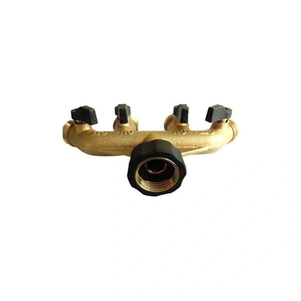 Solid messing 4-vejs slangesplitter med afspærringsventiler, hane og 1,9 cm udløb. Kan bruge op til 4 slanger samtidigt.