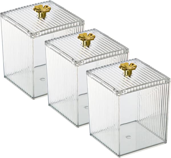 Akrylförvaringslåda för bomullsrondeller, 3-pack, transparent förvaringslåda för bomullspinnar med lock