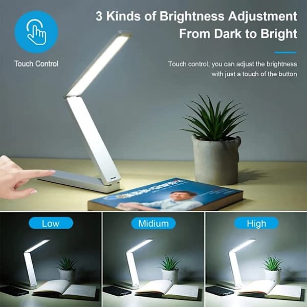 LED-skrivbordslampa, vikbar, dimbar, batteridriven, vit.