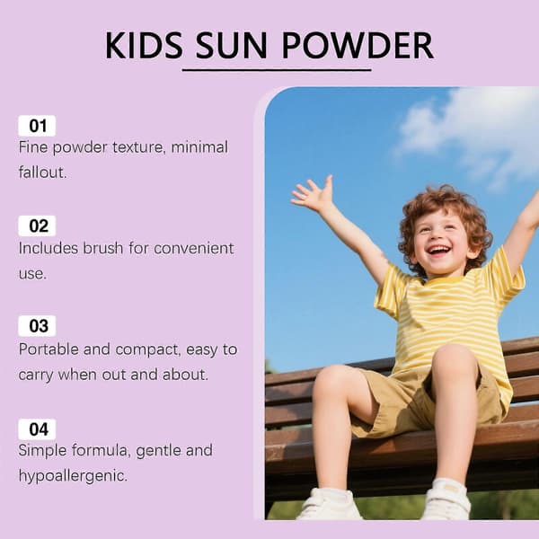 SPF30 børns mineralsolcremepulver, UVA- og UVB-beskyttelse, vandtæt og langtidsholdbart, let og åndbart.