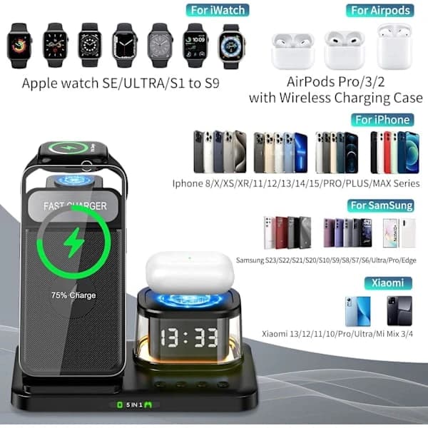 5-in-1 langaton latausasema LED-valolla, iPhonen matkalatausteline, musta