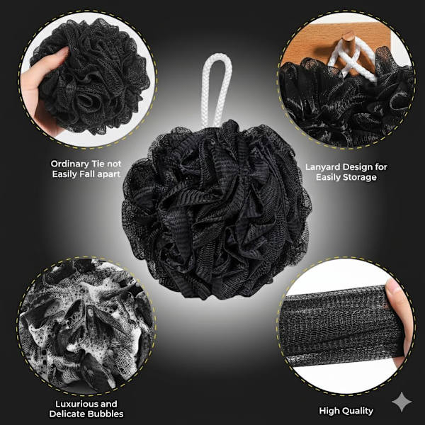 Loofah badebolde – 4-pak sorte netbadesvampe og kropsskrubbebolde