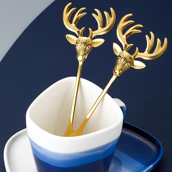 Kaffeske-sæt formet som et hjortehoved, 7-delt kaffegavesæt i rustfrit stål til mænd (guld).
