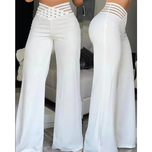 Kvinnor vida ben utsvängda byxor Casual Crosscross Sheer Mesh Patch byxor med hög midja white XL