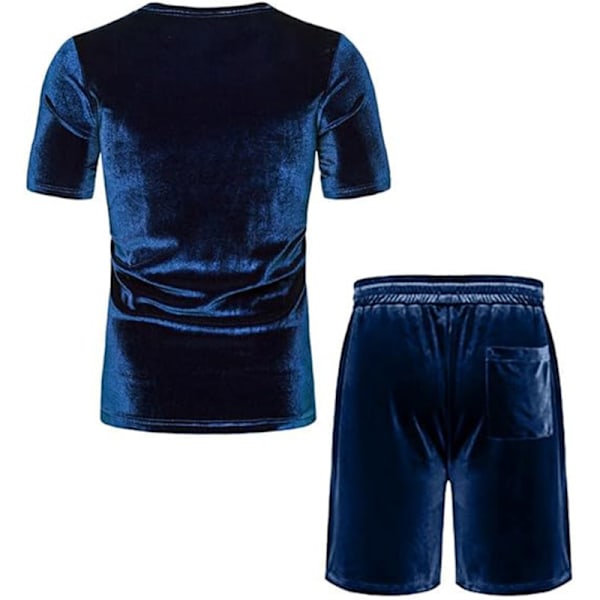 Miesten 2-osainen 80- ja 90-luvun samettitrenssipuvut, rento lyhythihainen samettipuserosetti Navy Blue M