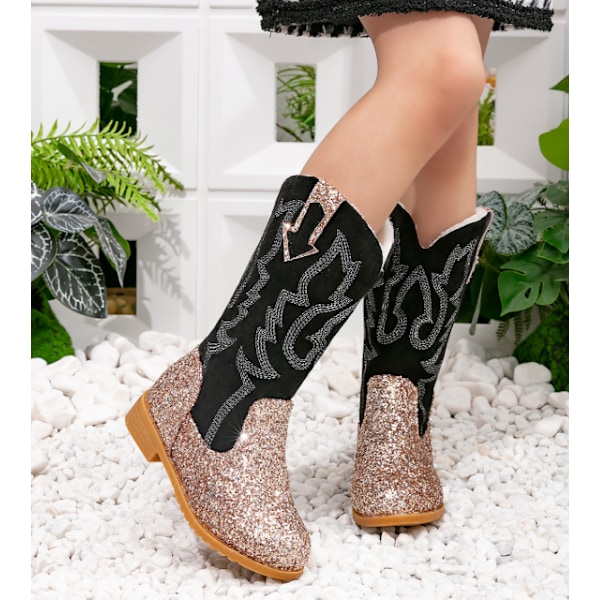 Jente Cowgirl Støvler Unisex-Barn Mid Calf Glitter Småbarns Cowboy Støvler gold 34