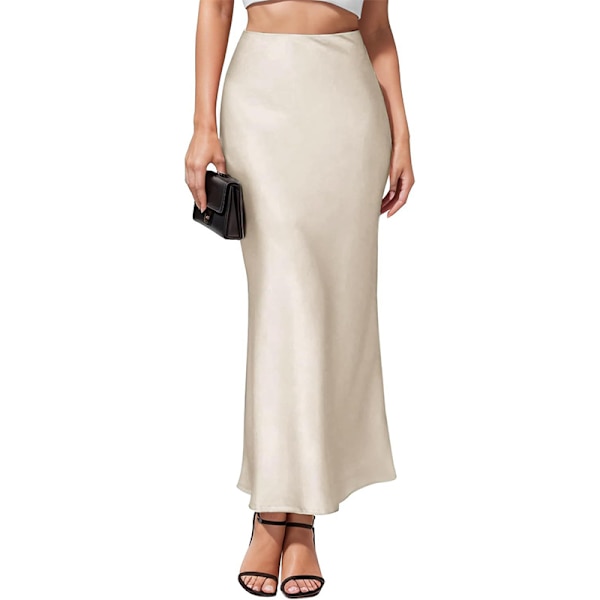 Kvinners Lange Satin Skjørt Silke Elegant Høy Midje Flare A-Line Midi Skjørt champagne M