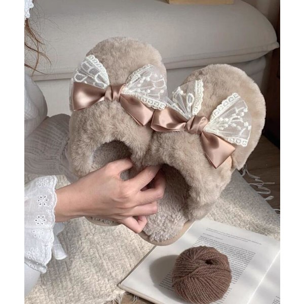 Fluffiga tofflor med rosett i färgblock för höst och vinter khaki 36-37