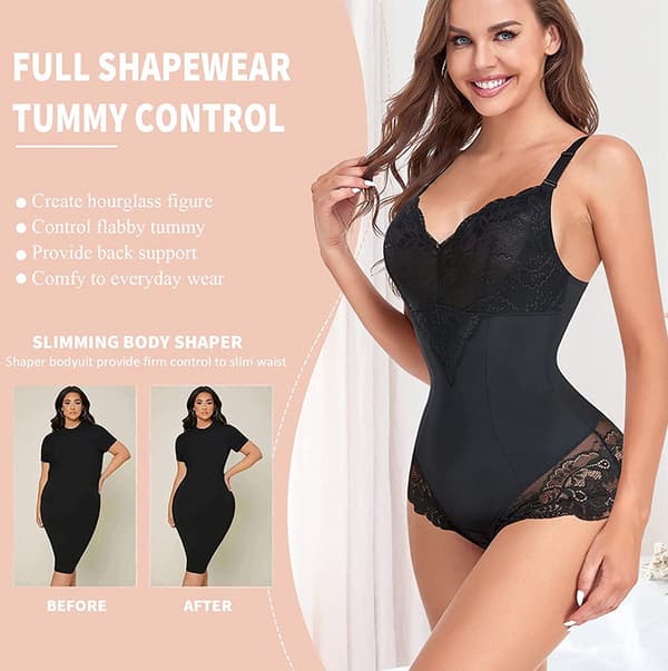 Formande Underkläder för Kvinnor, Tummy Control Thong Bodysuit, V-ringad, Spets, Kroppsshaper, Kompression Black M