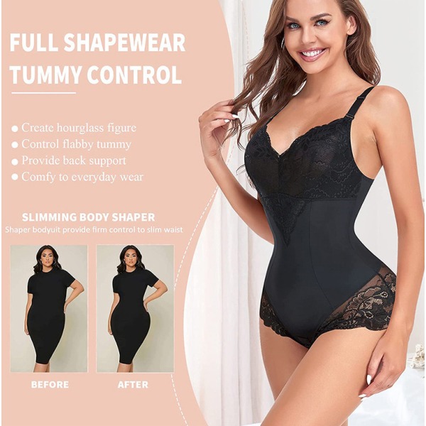 Shapewear for Kvinner Magekontroll Thong Bodysuit V-Hals Blondering Kroppsshaper Kompresjon Black L