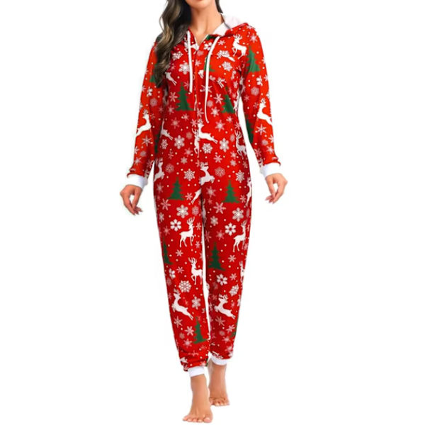 Julpyjamas för par - Söt tryck, huva och dragkedja, jumpsuit women red L