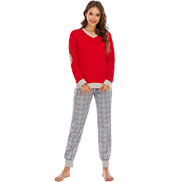 Pyjamassett for kvinner med lange ermer, trykte nattkjoler, myke PJs, loungewear red M