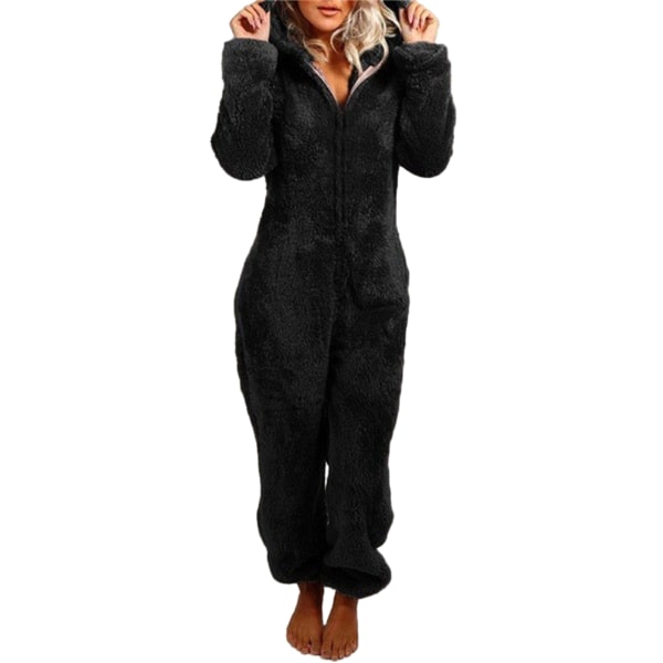 Jumpsuit för män gosig rolig lång pyjamas vinter varm plysch jumpsuit Black(Woman) 2XL
